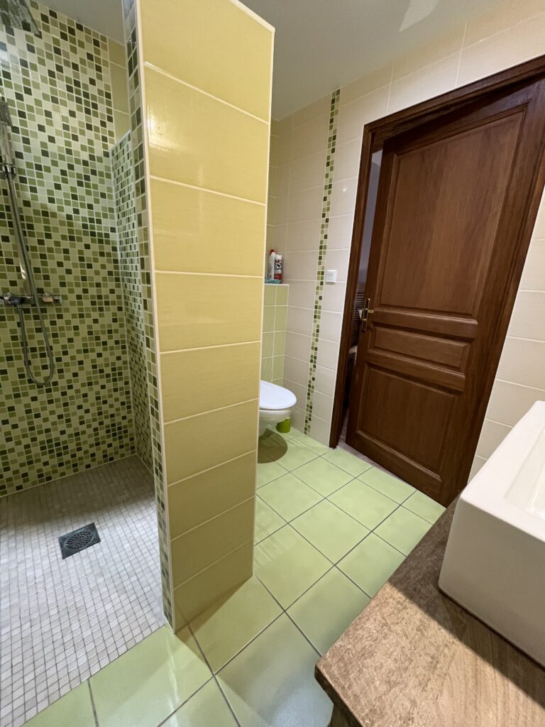 Une salle de bains avec un sol en carrelage vert, une douche à l'italienne avec des carreaux en mosaïque, des toilettes murales, une porte en bois et un lavabo blanc sur un plan de travail.